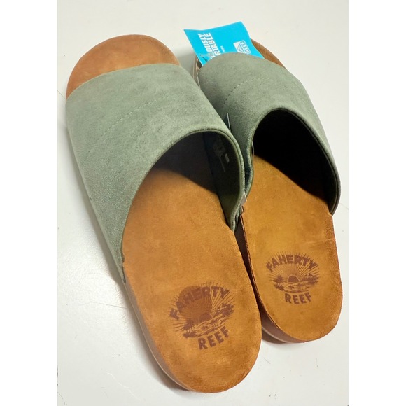 Reef Faherty Ojai Slides Sandals Mens US 11 Sage Green Leather Upper Comfort